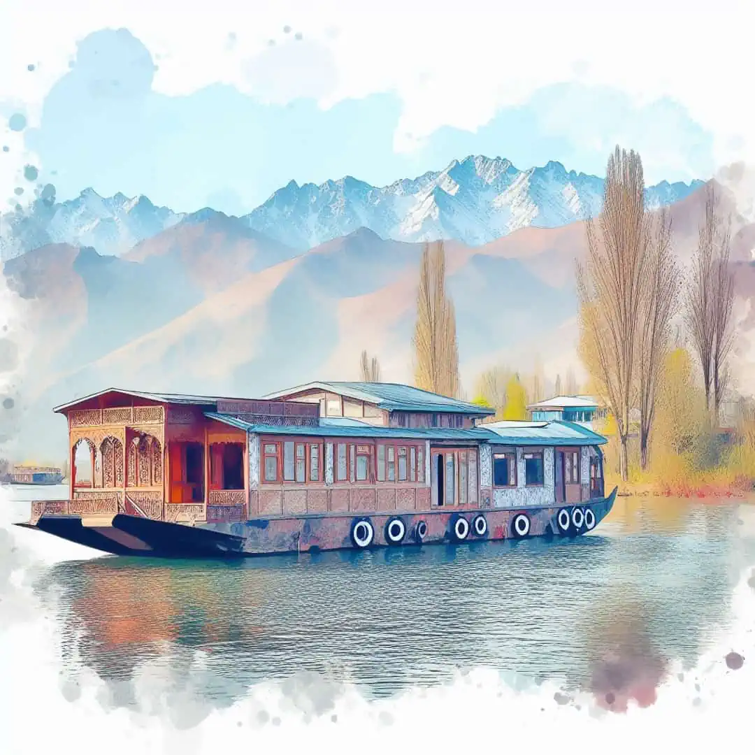Traditional Kashmir houseboat beside the lake